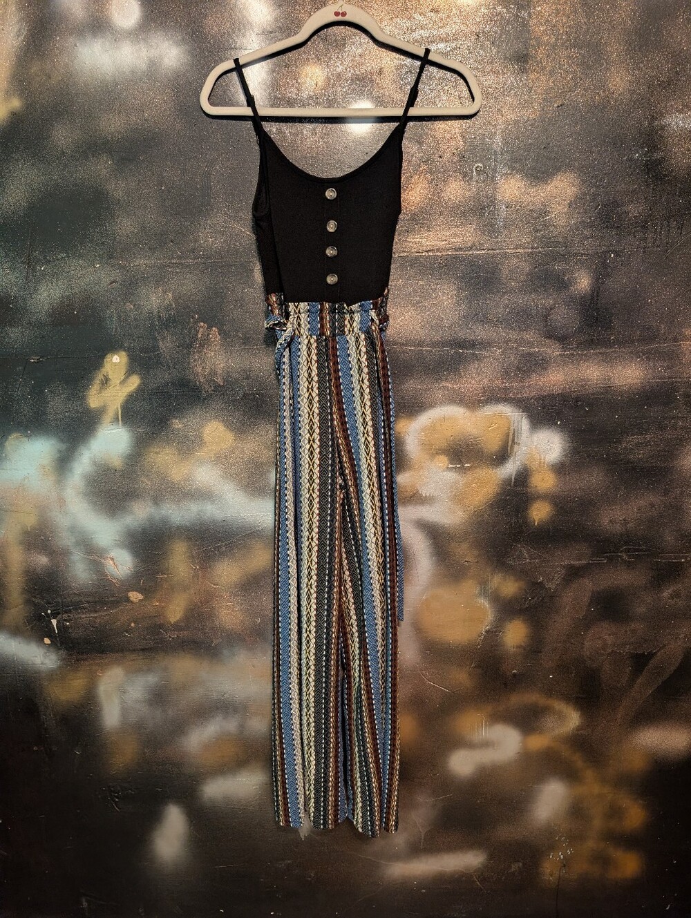 Black Bodice Wide-Leg Jumpsuit with Multicolor Striped Pants